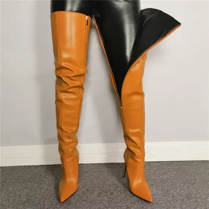 Bottes au genou pointues en cuir synthétique pour femmes, haute saison printemps automne, style britannique, talons fins, ajustement parfait, faites à la main, diverses couleurs disponibles ```