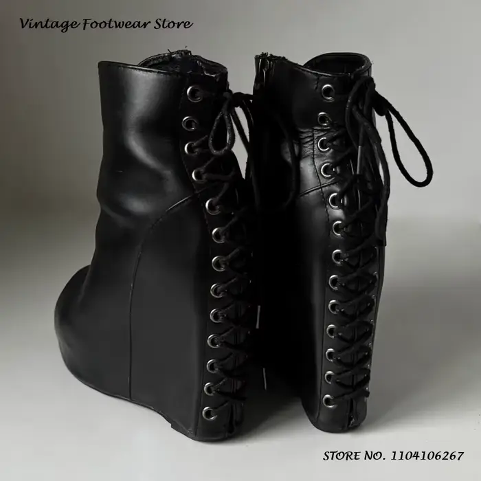 Bottines à semelles compensées croisées au dos, chaussures noires à bout rond et ouvert avec fermetu