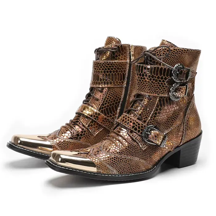 Bottes de mariage à talons hauts pour hommes, bottes de spectacle sur scène en cuir de vache, bottes