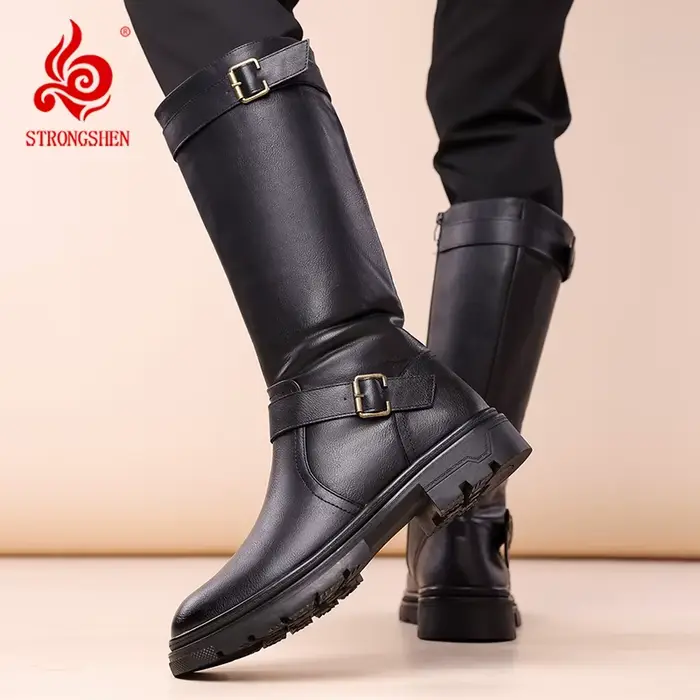 Bottes hautes en cuir noir pour hommes, bottes de moto stylistes, bottes de travail décontractées, chaussures de rue à la mode en plein air occassions spéciales