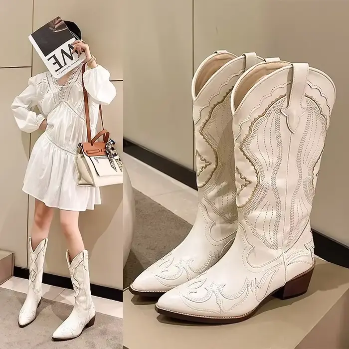 Bottes occidentales brodées mi-mollet pour femmes
