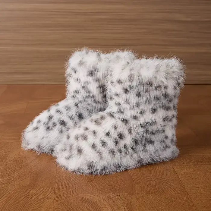 Bottines Léopard Moelleuses pour Femme – Chaussures d'Hiver Décontractées en Peluche à Plateforme – 