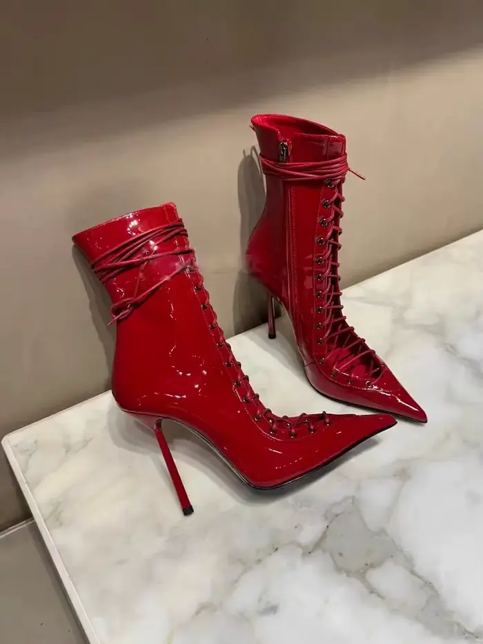 Bottines à lacets en cuir verni rouge, bout pointu, talons aiguilles, bottines sexy à talons hauts, 