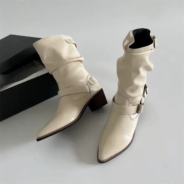 Automne hiver femmes Western Cowboy bottes Vintage sans lacet chaussures à talons épais dames mi-mol