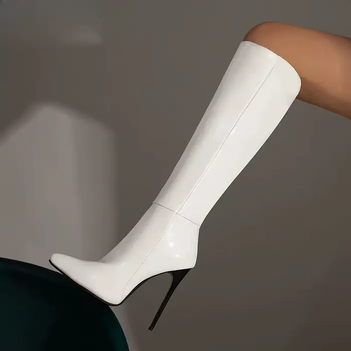 Femmes genou botte haute Sexy pointe pointue bottes à talons hauts pour femme de luxe en cuir verni