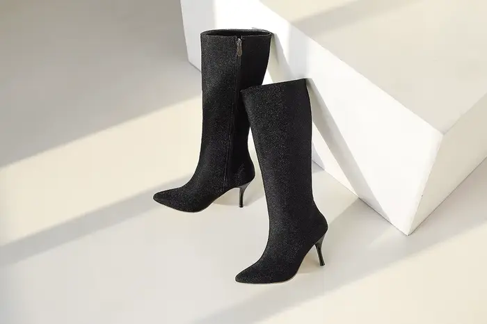 Bottes en tissu pailleté scintillantes pour femmes, élégantes bottes mi-hautes à talons fins pour hiver, occasions spéciales et sorties nocturnes