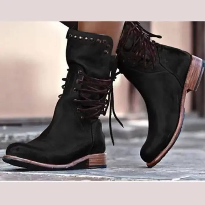 Bottes en cuir concises pour femmes, mi-mollet, étanches, hautes et confortables, idéales pour printemps, été, automne et hiver, avec talon moyen et lacets croisés