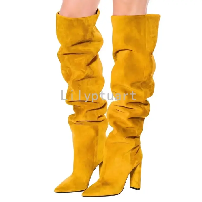 Bottes de mode pour femmes talons carrés 11 cm faux daim bout pointu au-dessus du genou printemps automne occasions spéciales
