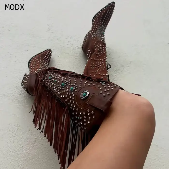 2025 femmes classiques franges Western genou bottes hautes femme daim Cowboy longs chaussons dames a