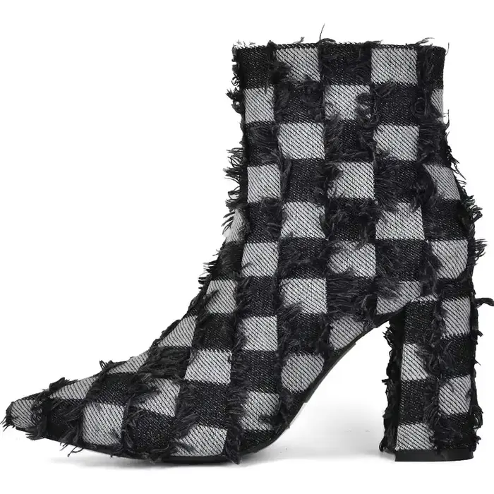Bottines femmes luxe Denim jean bleu noir damier bout pointu bloc talons hauts hiver chaud avec fran