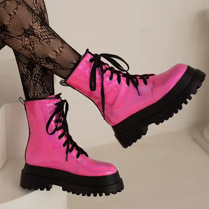 Bottes à fond plat en cuir verni brillant, plateforme Double couche, doublure intérieure en peluche 
