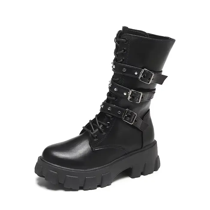 Bottes Gothiques Femme Hiver 2026 à Plateforme, Chaussures de Sport Cloutées avec Boucle de Ceinture
