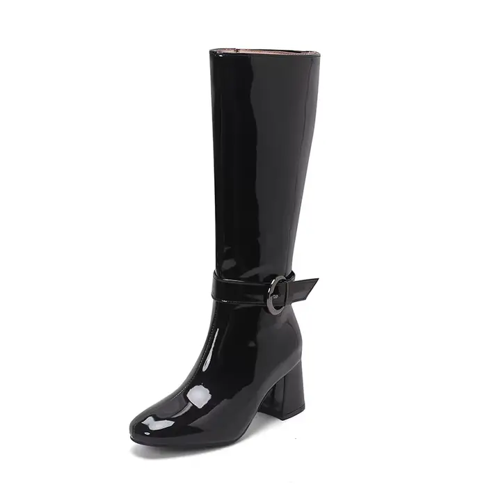Bottes au genou en cuir verni pour femmes, talon optique confortable, fermeture à glissière latérale