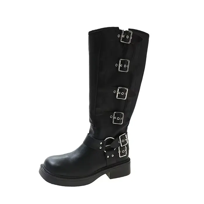 Bottes mi-mollet pour femmes, bottes de chevalier de moto avec boucle de ceinture, bottes de Cowboy 