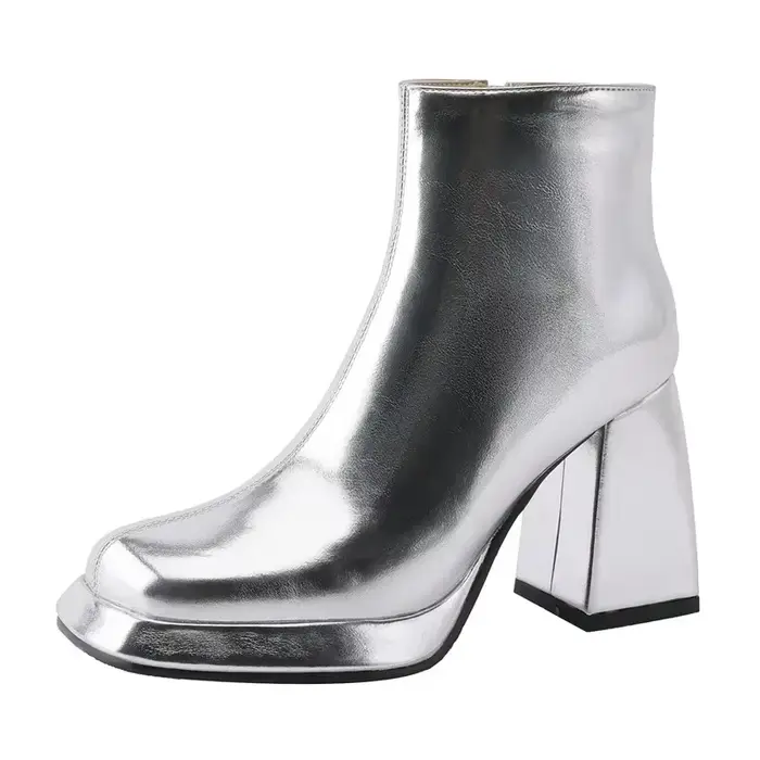 Bottes courtes à plateforme en peluche avec fermeture éclair pour femme, brillant, argent, or, rinça