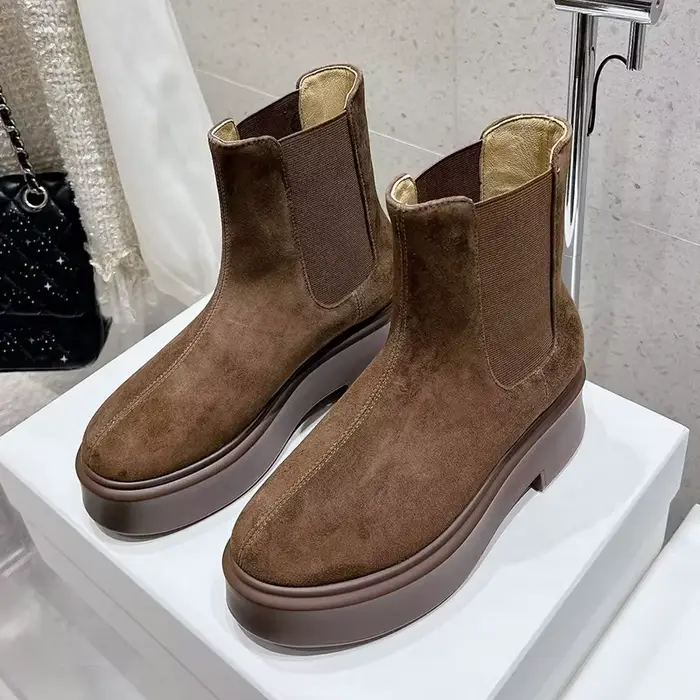 Cuir véritable plat semelle épaisse bottes courtes femmes bout rond sans lacet Botas Para Mujer plate-forme chaussures
