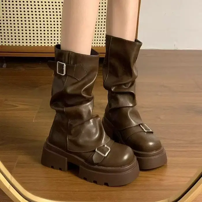 Chaussures pour femmes mi-mollet bottes pour femmes plate-forme bottes modernes femmes boucle de cei