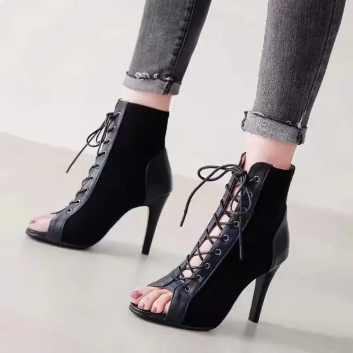 Bottines d'été noires à talons hauts pour femmes, escarpins à lacets et bout ouvert, chaussures de d