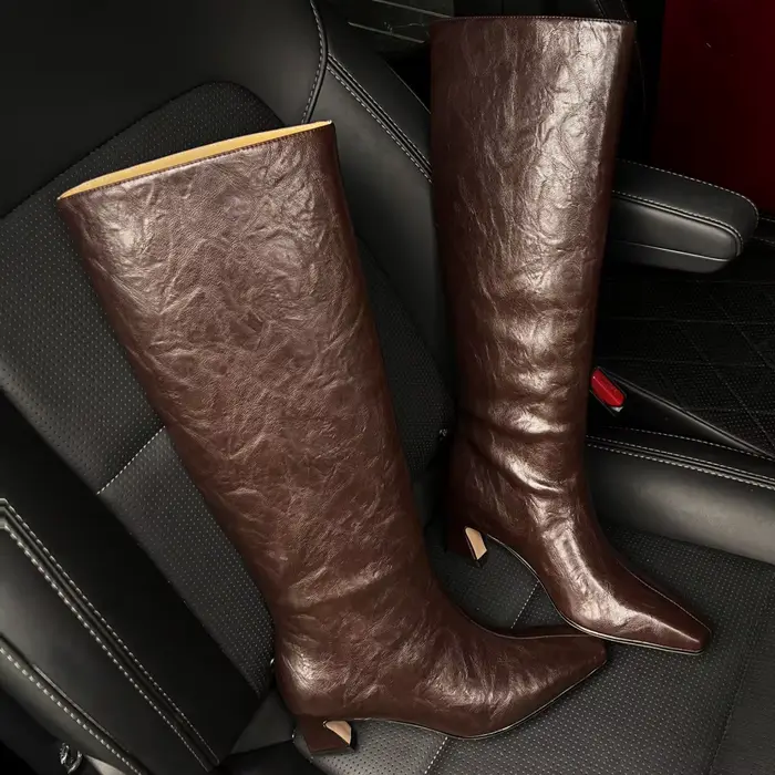 Bottes de chevalier en cuir véritable pour femmes, talon haut fin de 5.5cm, bout carré, hauteur du g