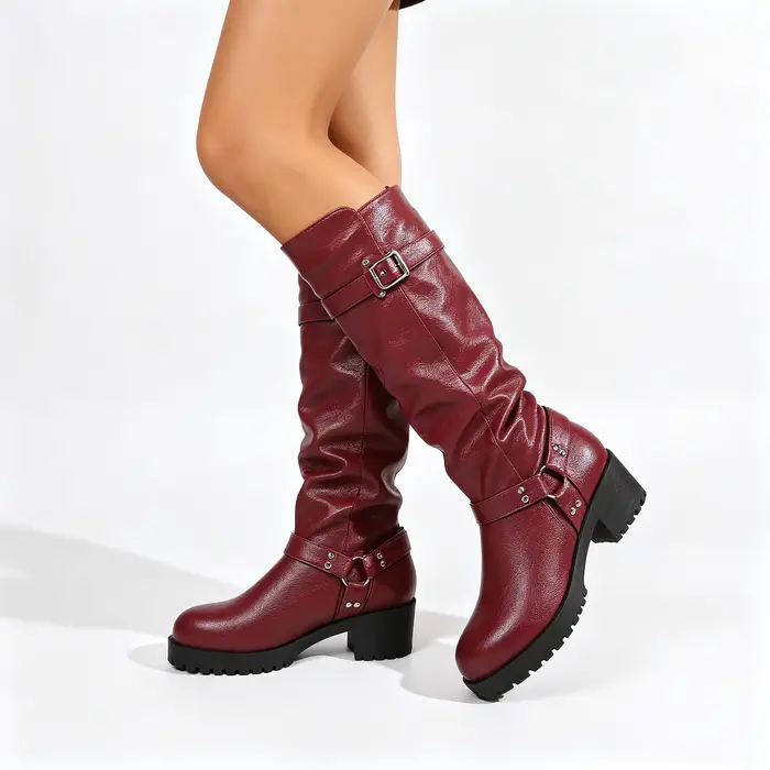 Bottes vintage punk bordeaux froncées à hauteur du genou avec multiples sangles à boucles, talon pla