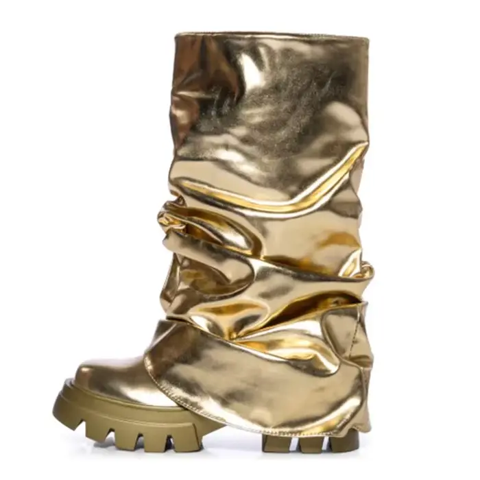 Bottes mi-mollet pour femmes, bottes plissées à fond épais et bout rond, bottes à plateforme pour fe