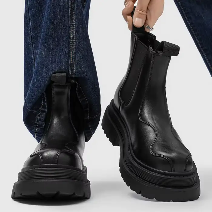 Bottes Chelsea noires pour hommes, style moto, à tige haute, semelle épaisse, chaussures décontracté