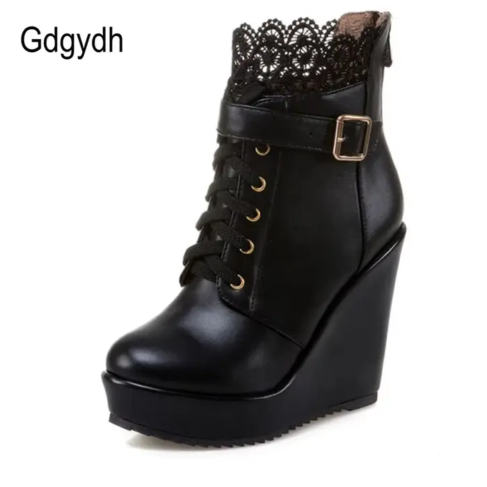 Gdgydh mode dentelle noir plate-forme bottines compensées pour les femmes à lacets chaussures de mariée mariage blanc