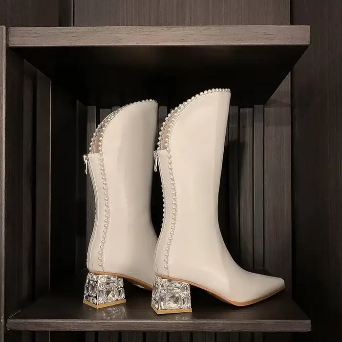 Bottes hautes rétro en cuir de vachette avec bord perlé, talon bas de 5.5cm, bottes longues chaudes,