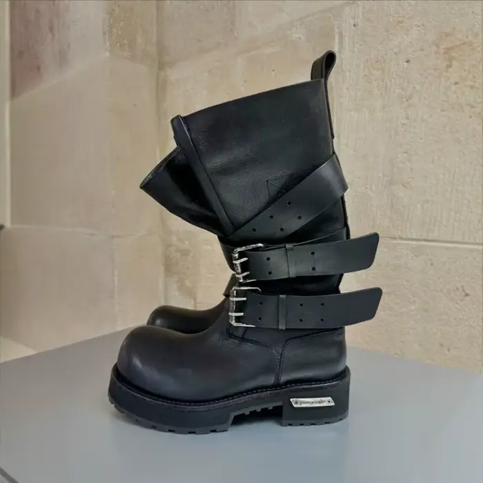 Bottes de moto modernes Vintage à gros bout rond pour hommes, avec boucle de ceinture, Style de rue,