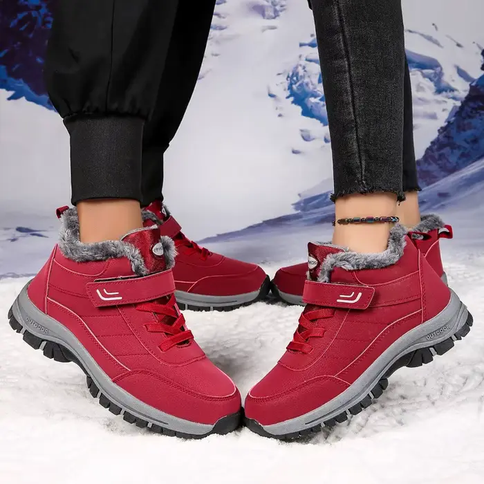 Bottes de neige pour femmes en peluche courte doublure, chaussures d'hiver confortables, étanches, hautes, à lacets, talons plats, pour les promenades et les randonnées hivernales