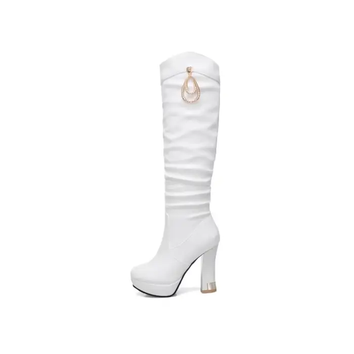 Genou bottes hautes femmes Sexy mode côté fermeture éclair bout rond hiver chaud en peluche blanc noir talons hauts