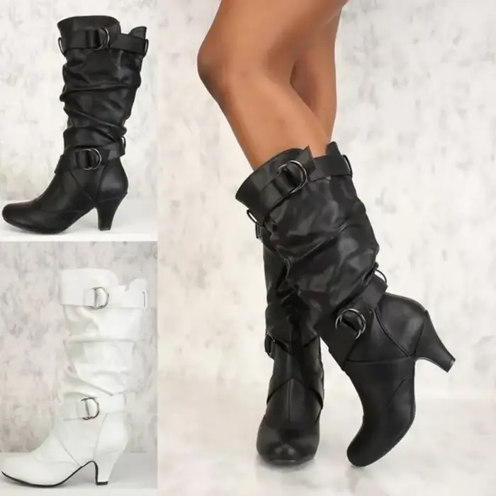 Bottes Sexy pour femmes mi-mollet nouvelle mode botte décontractée 3CM talon carré décoration en métal boucle de