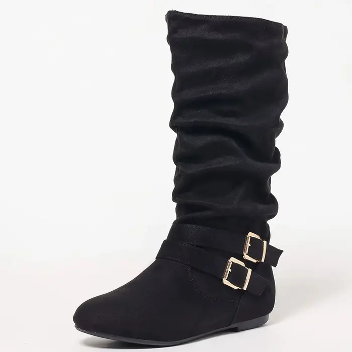 Bottes plissées à talons plats de style européen pour femmes, bottes à la mode avec double boucles, 