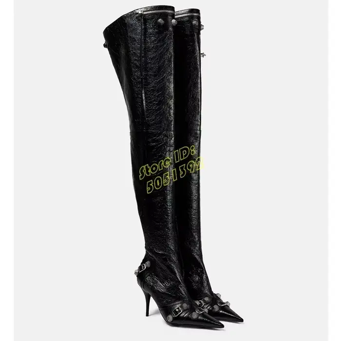 Bottes noires au-dessus du genou à talon aiguille fin, sexy, à bout pointu, style défilé, collection