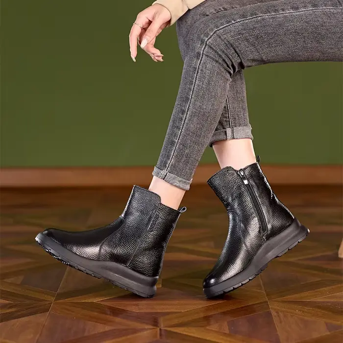 Bottines en cuir véritable pour femmes, nouvelle collection 2026, bout rond, fermeture éclair latéra