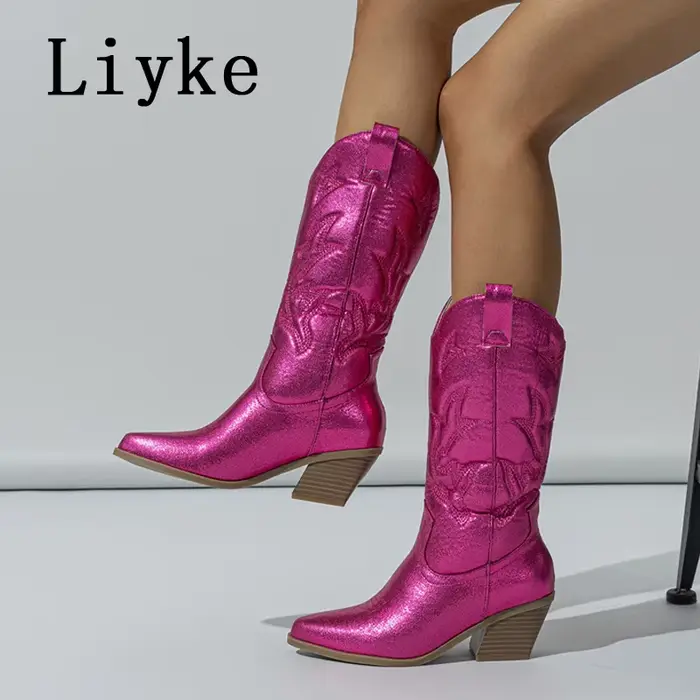 Bottes de Cowboy en Cuir pour Femme Style Occidental Haute Qualité Élégantes à Offrir Occasions Spéciales Hiver Confortables