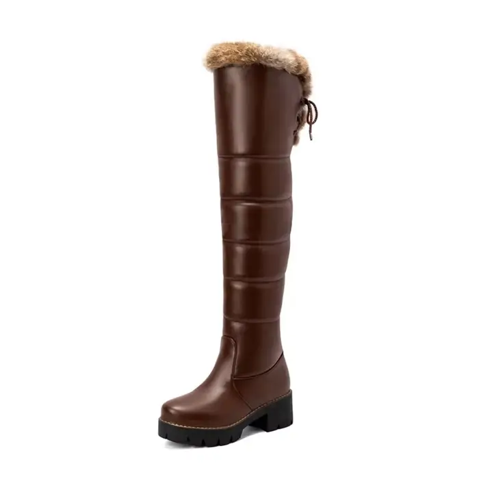 Cuissardes hautes femmes mode hiver chaud en peluche bout rond talons hauts robe de soirée dames noir marron longues plate-forme bottes 81-9