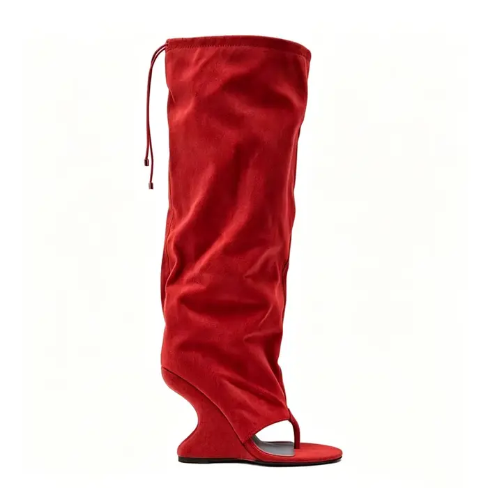 Bottes longues en faux daim pour femmes, style sandale à talon compensé creux, pour soirées et clubs