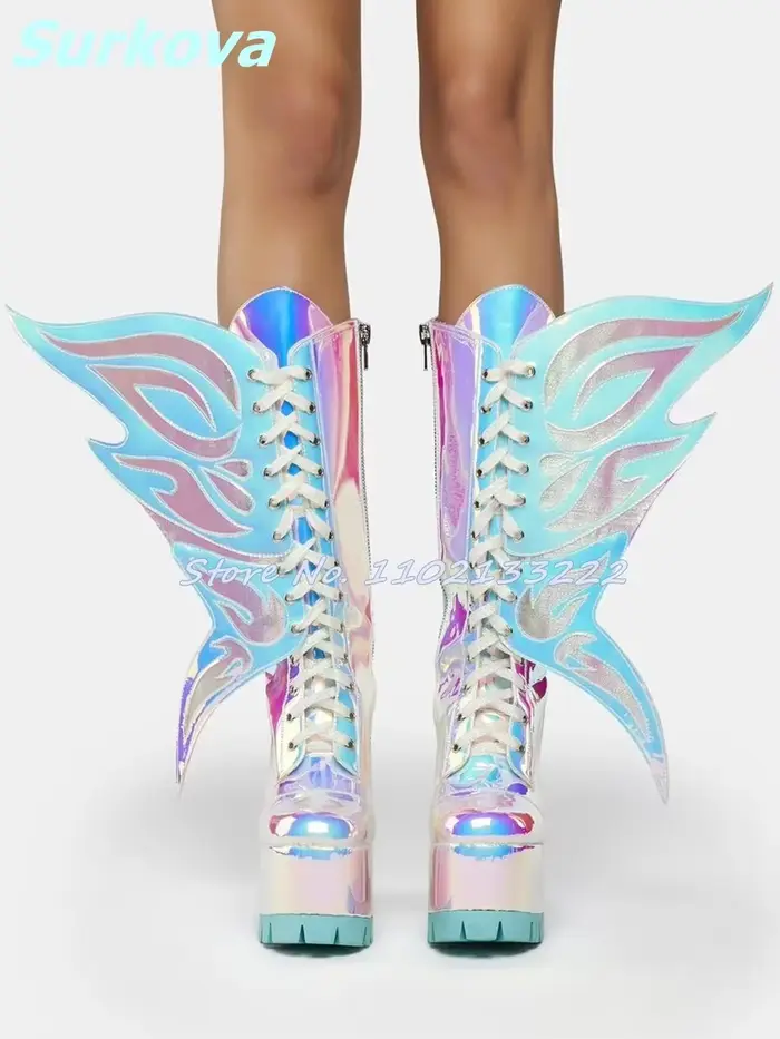 Bottes à plateforme avec ailes de papillon pour femmes, grosses bottes laser, talons hauts, Parker r