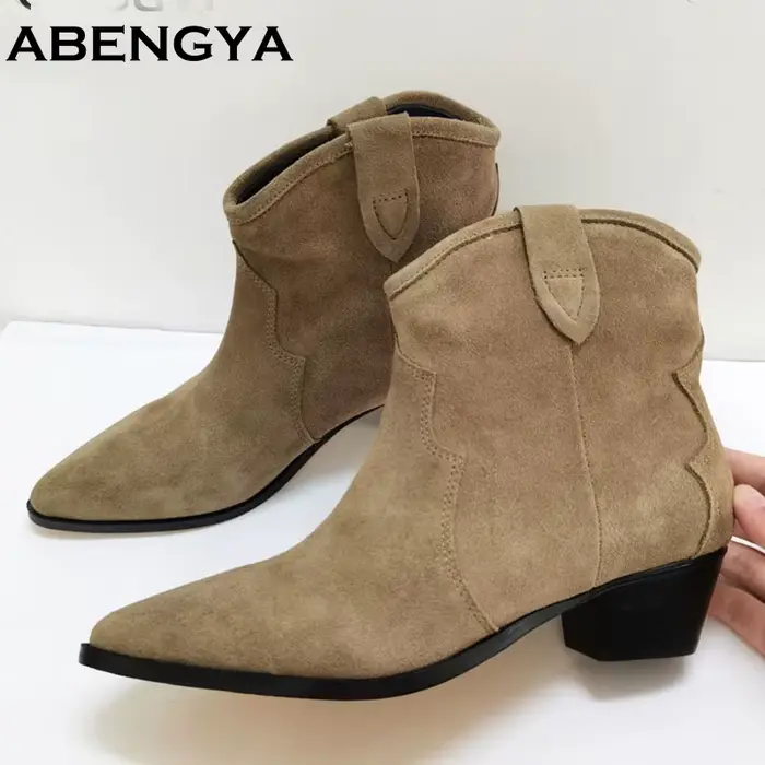 Bottes Chelsea en daim de vache pour femme, bout pointu, talon carré, sans lacets, confortables, pour les occasions spéciales et les journées printanières et automnales