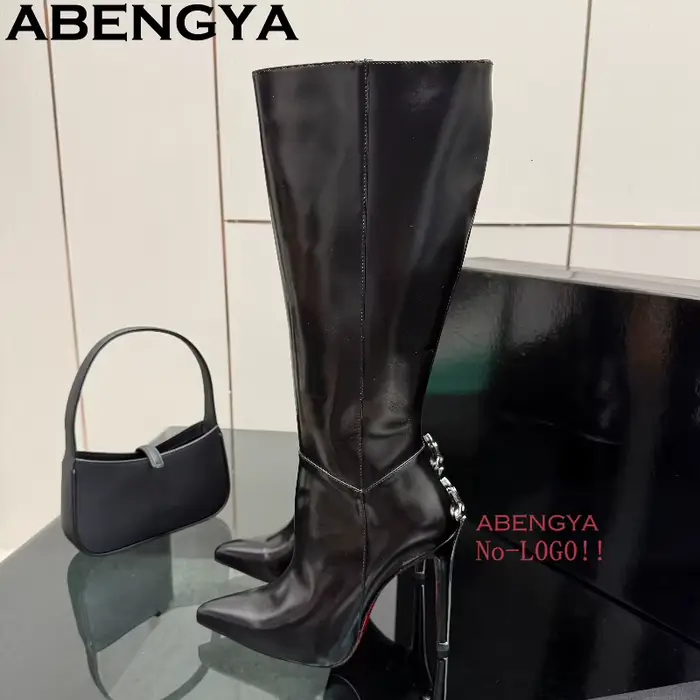 Offre spéciale bout pointu genou bottes hautes femmes en cuir verni métal talons aiguilles minces Chelsea