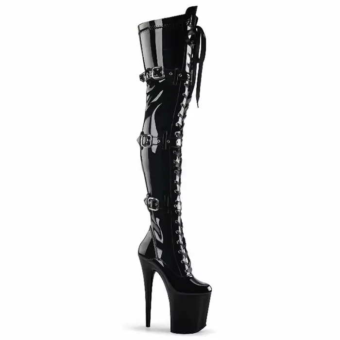 Bottes Queen roses à boucle plus légère, plateforme au dessus du genou de 20cm, talons hauts de 8 po