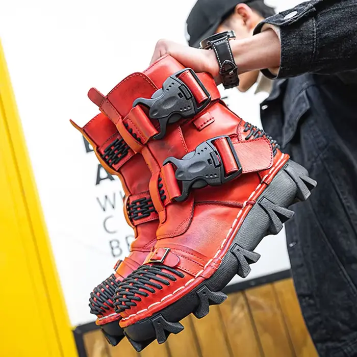 Bottes de moto en cuir véritable pour hommes, bottes de Combat tactiques faites à la main avec tête 