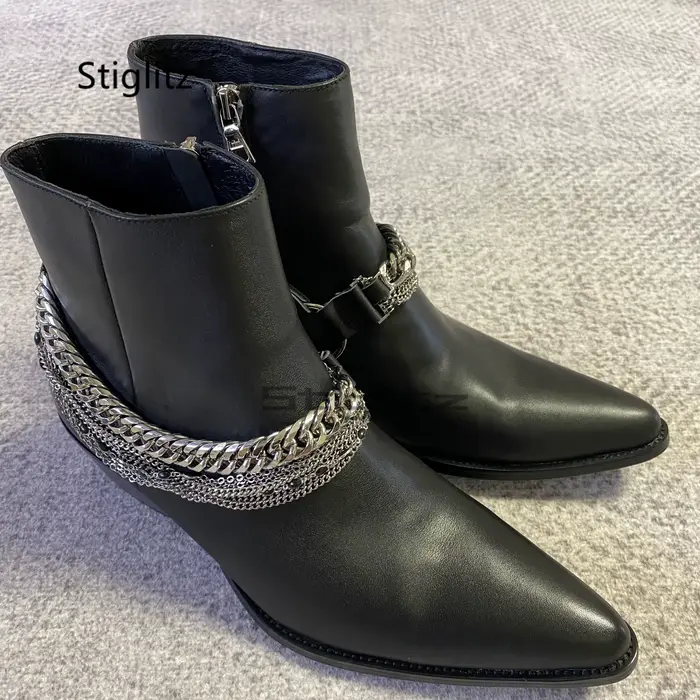Bottes à chaîne en cuir véritable noir pour hommes