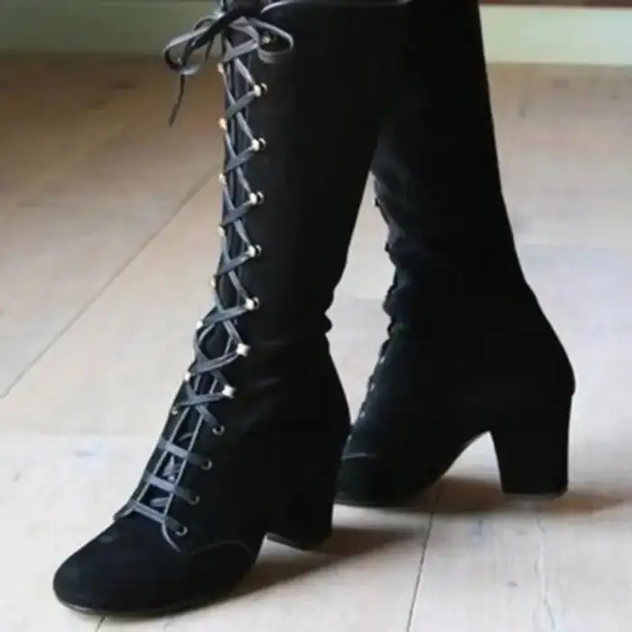 Bottes noires pour femmes, chaussures hautes jusqu'au genou, bottes mi-mollet décontractées, Vintage