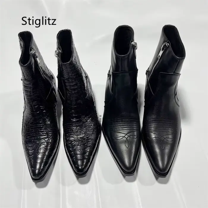 Bottes de Cowboy brodées en cuir véritable pour hommes
