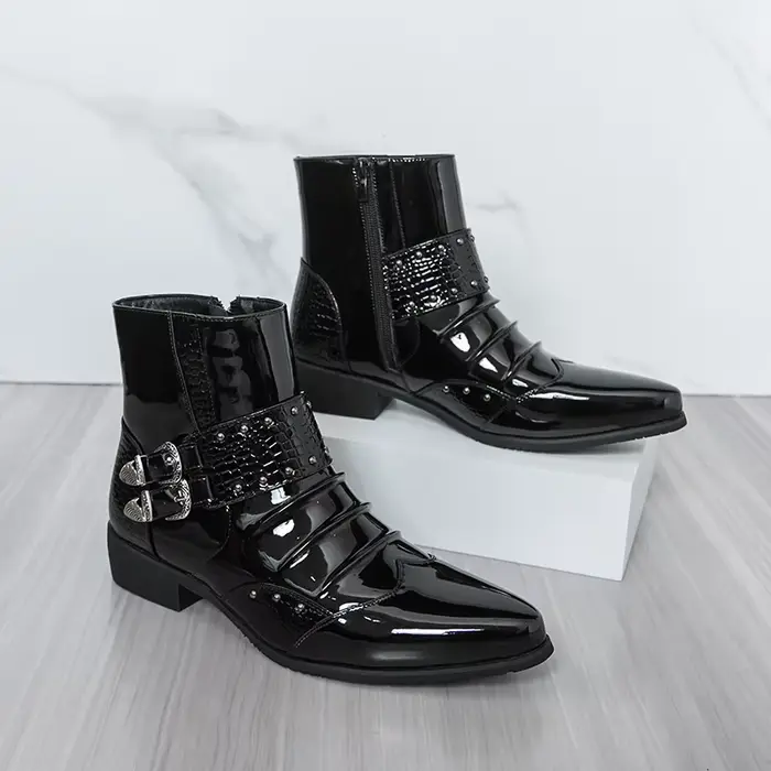 Bottes montantes pour hommes en PU à talon bas, bout pointu, avec boucle de ceinture plissée, élégan