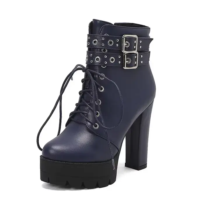 Bottes courtes de rinçage à rivets pour femmes, talon de 13cm à tête ronde, bottes à plateforme impe