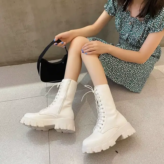 Bottes de motard à lacets mi-mollet pour femmes
