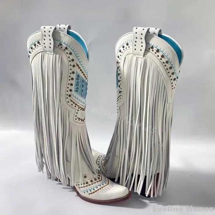 Bottes rétro à franges en biscuits brodées pour femmes